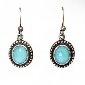 Aqua Chalcedony Earrings French Hook Silver Tone Short Dangle